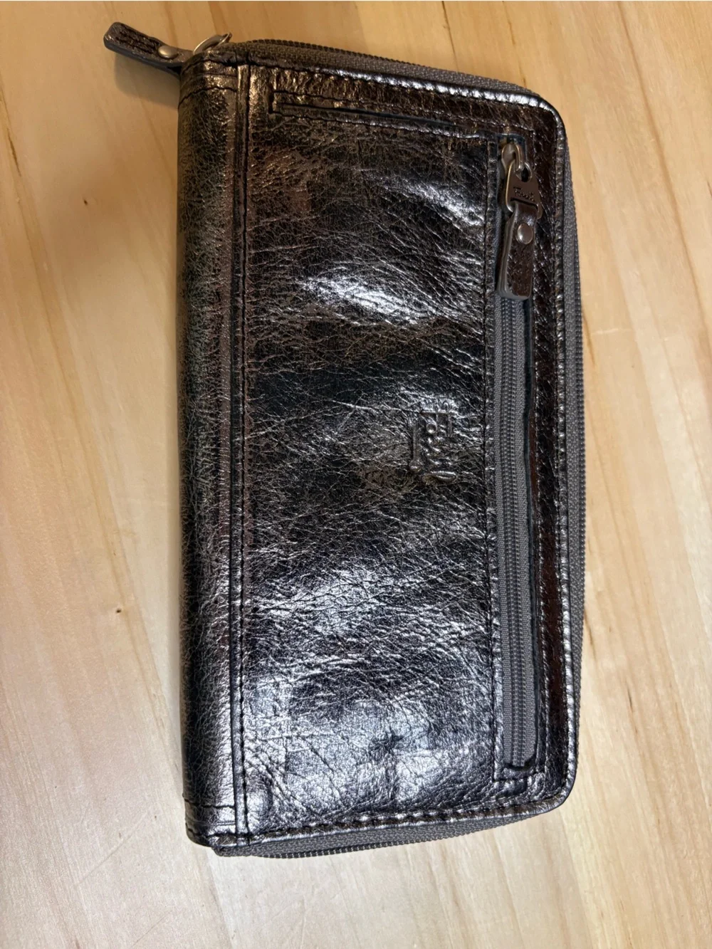 Fossil metallic pewter leather zip-around clutch wallet , NWT